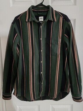 ZARA Green, Black & Pink Striped Button-Down Shirt